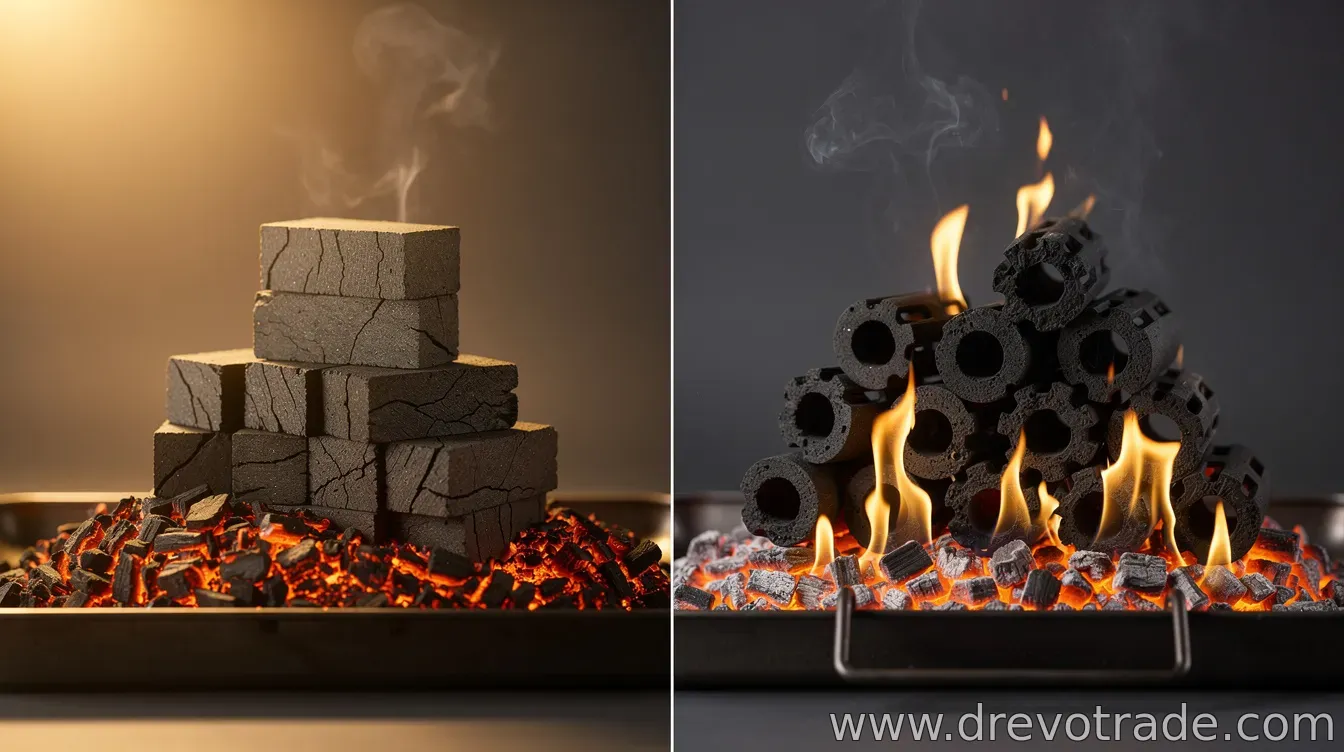 RUF vs Pini Key briquettes: shape, density, burn time